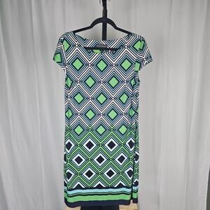 Jessica Howard Geo Print Stretch Sheath Dress Green Blue Size M Retro Mod Style